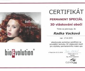 Certifikát 3D vláskování obočí / Permanetní make up